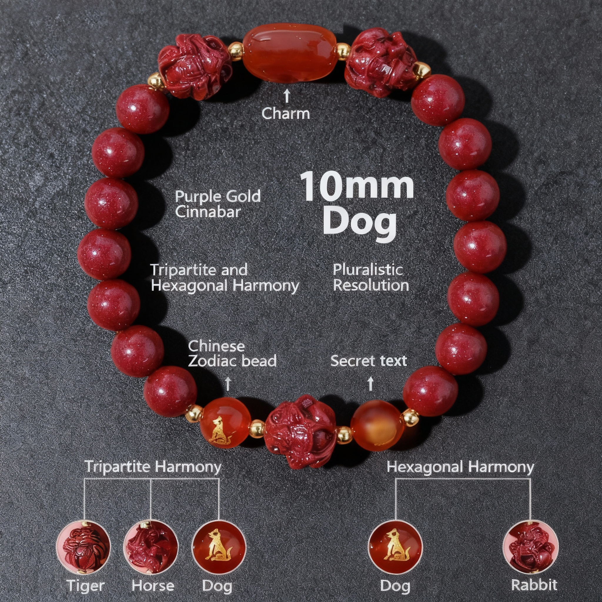 Aether Oracles "Celestial Guardians" Longhu Mountain Cinnabar Talisman Bracelet for male (beads size 10mm wrist size 17cm)