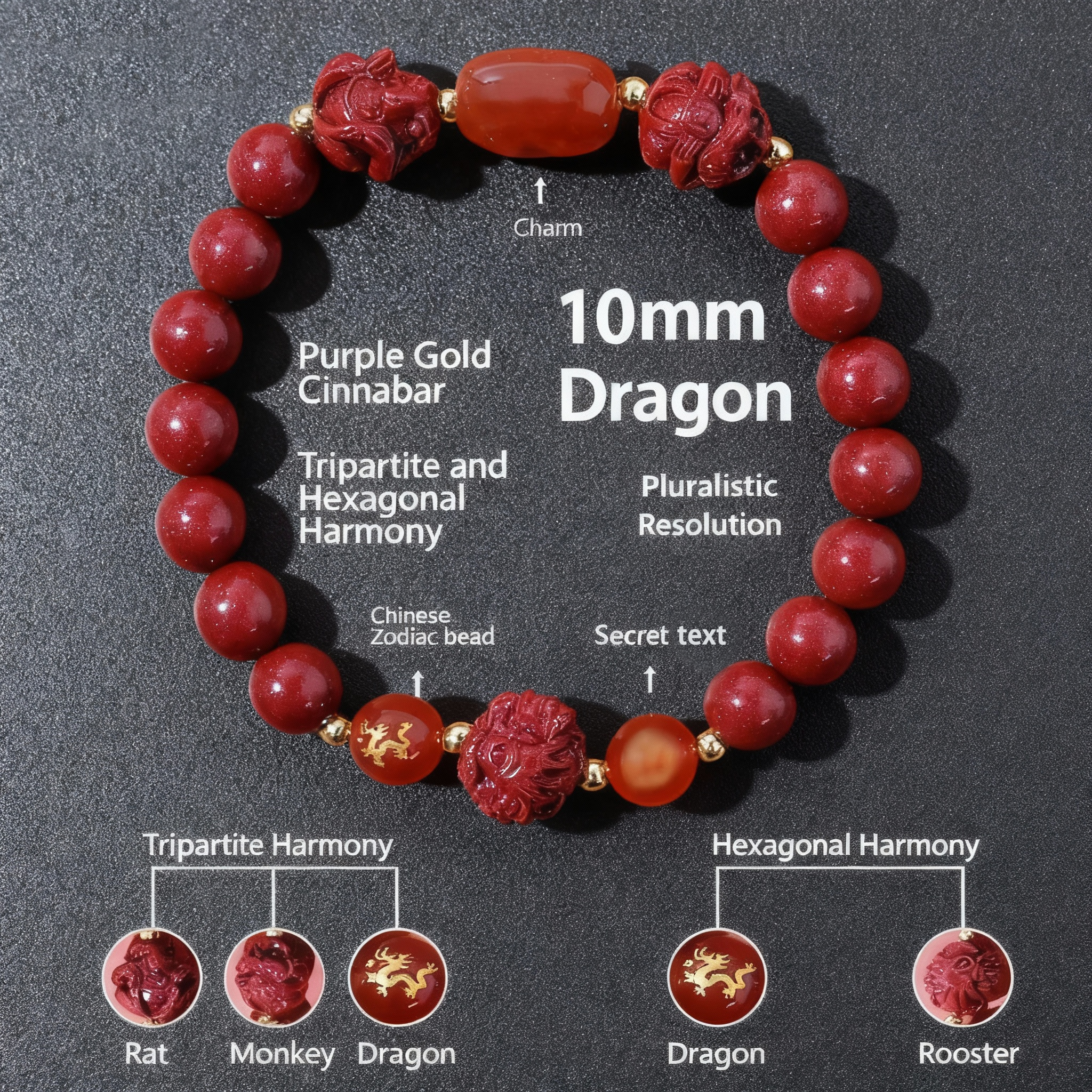 Aether Oracles "Celestial Guardians" Longhu Mountain Cinnabar Talisman Bracelet for male (beads size 10mm wrist size 17cm)