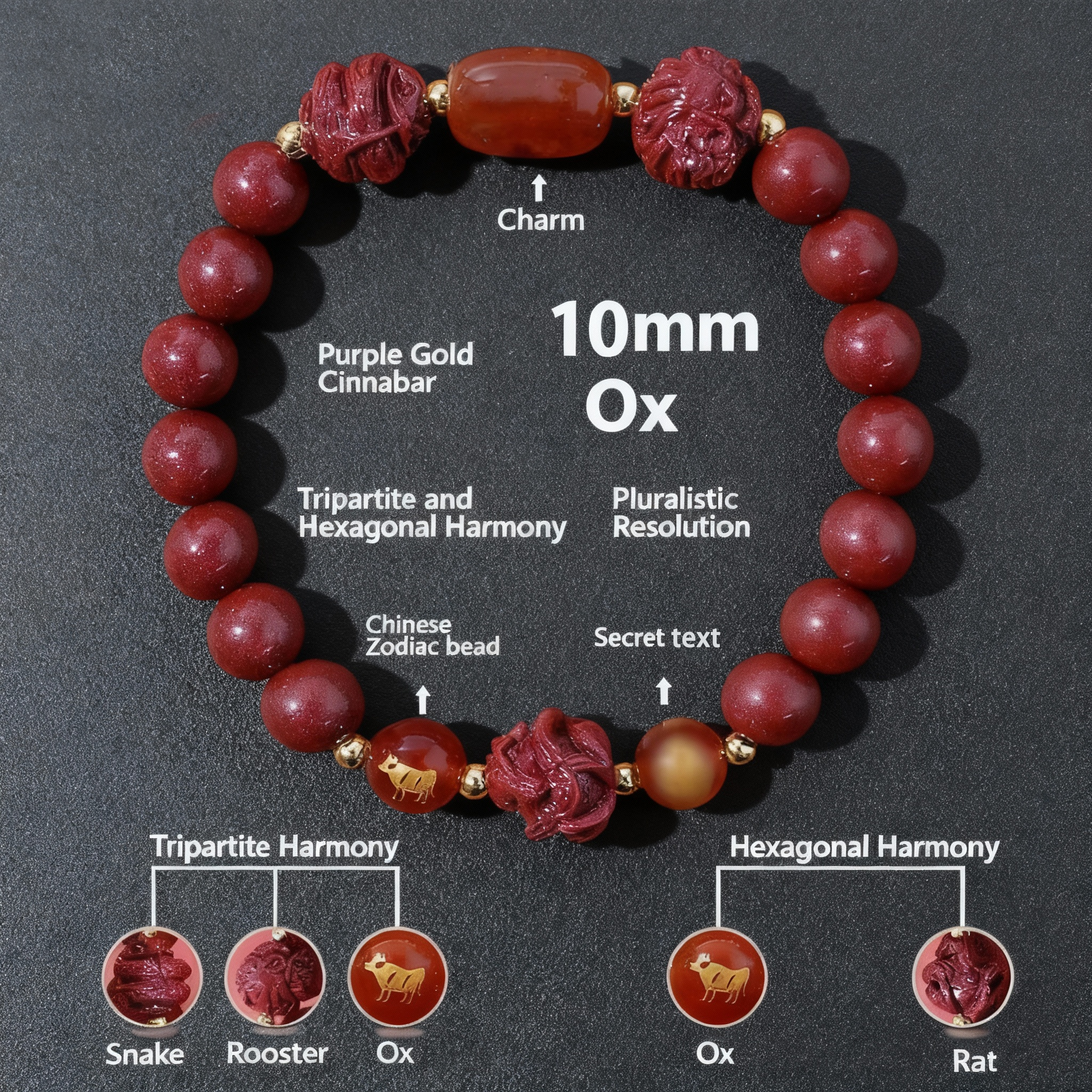 Aether Oracles "Celestial Guardians" Longhu Mountain Cinnabar Talisman Bracelet for male (beads size 10mm wrist size 17cm)