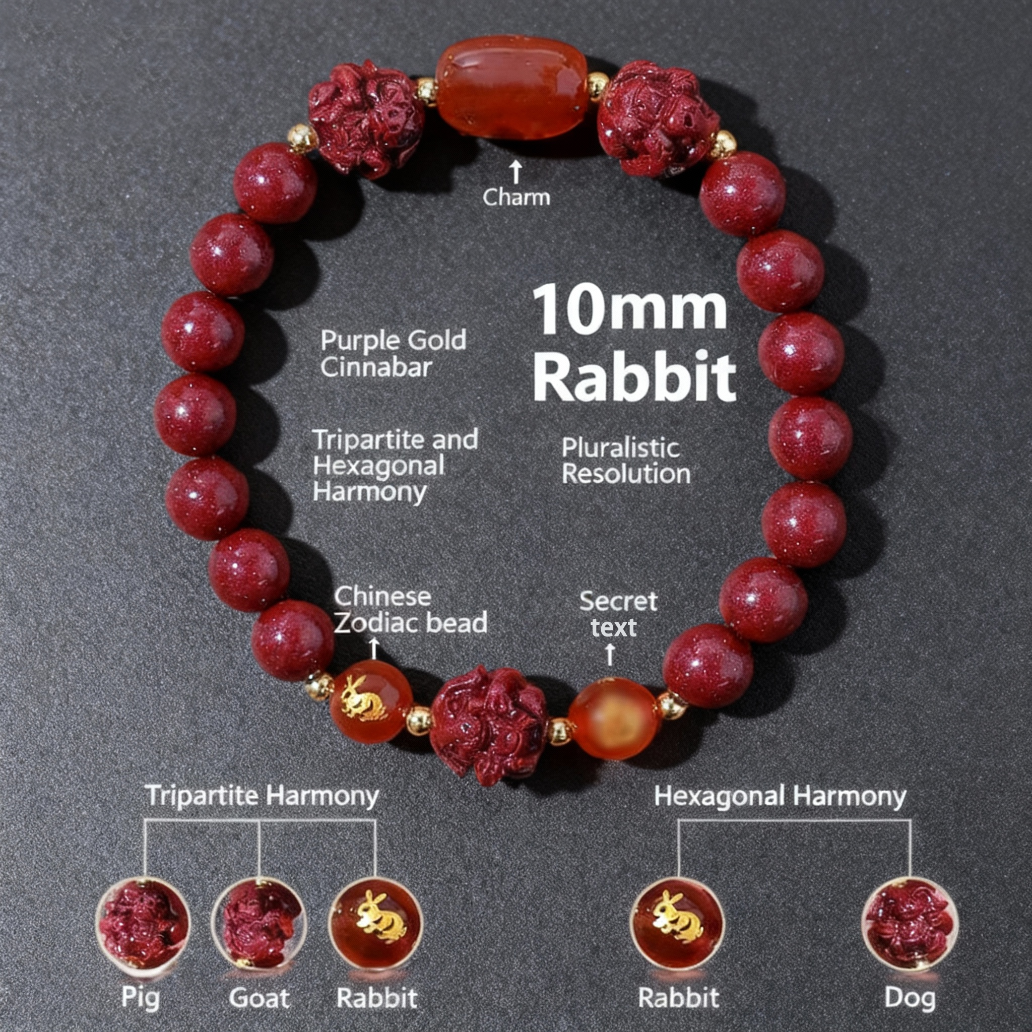 Aether Oracles "Celestial Guardians" Longhu Mountain Cinnabar Talisman Bracelet for male (beads size 10mm wrist size 17cm)