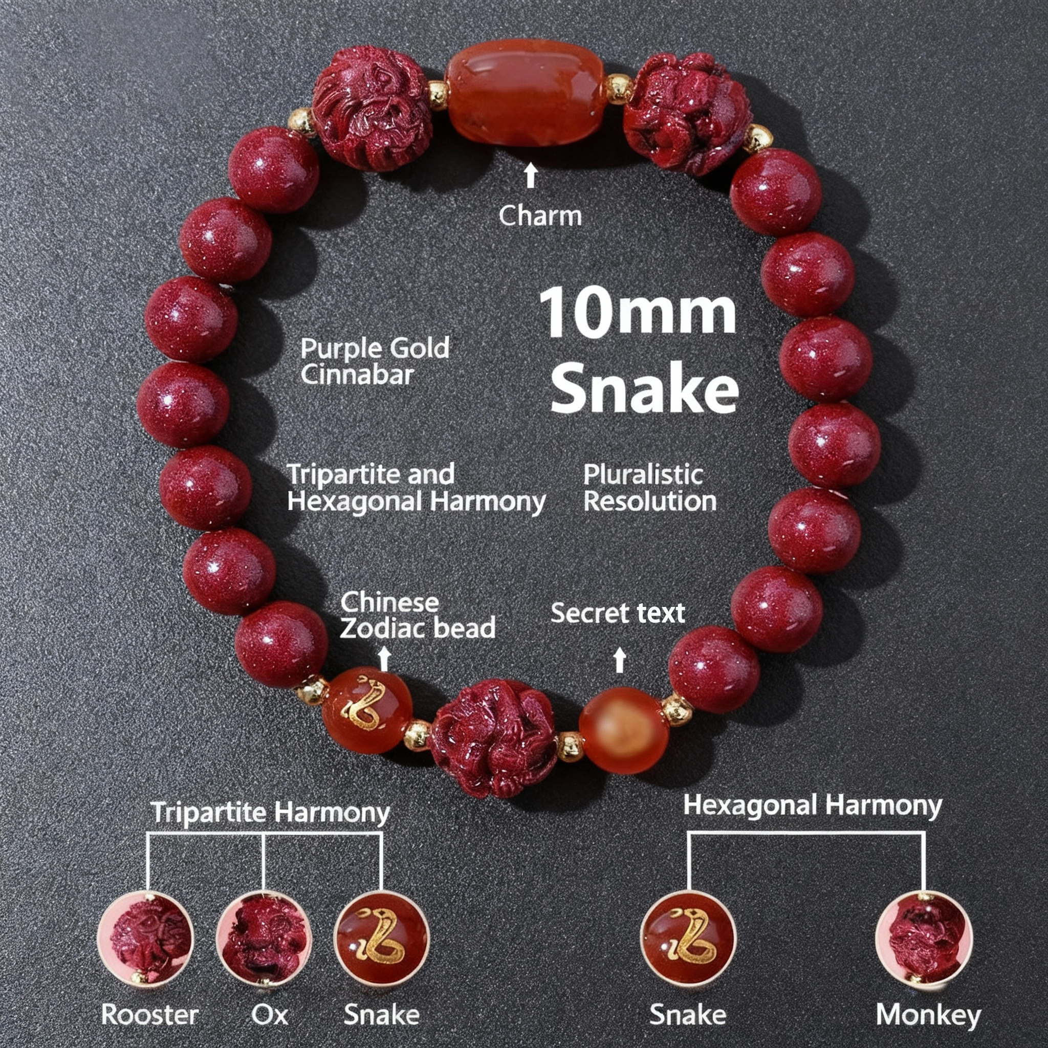 Aether Oracles "Celestial Guardians" Longhu Mountain Cinnabar Talisman Bracelet for male (beads size 10mm wrist size 17cm)