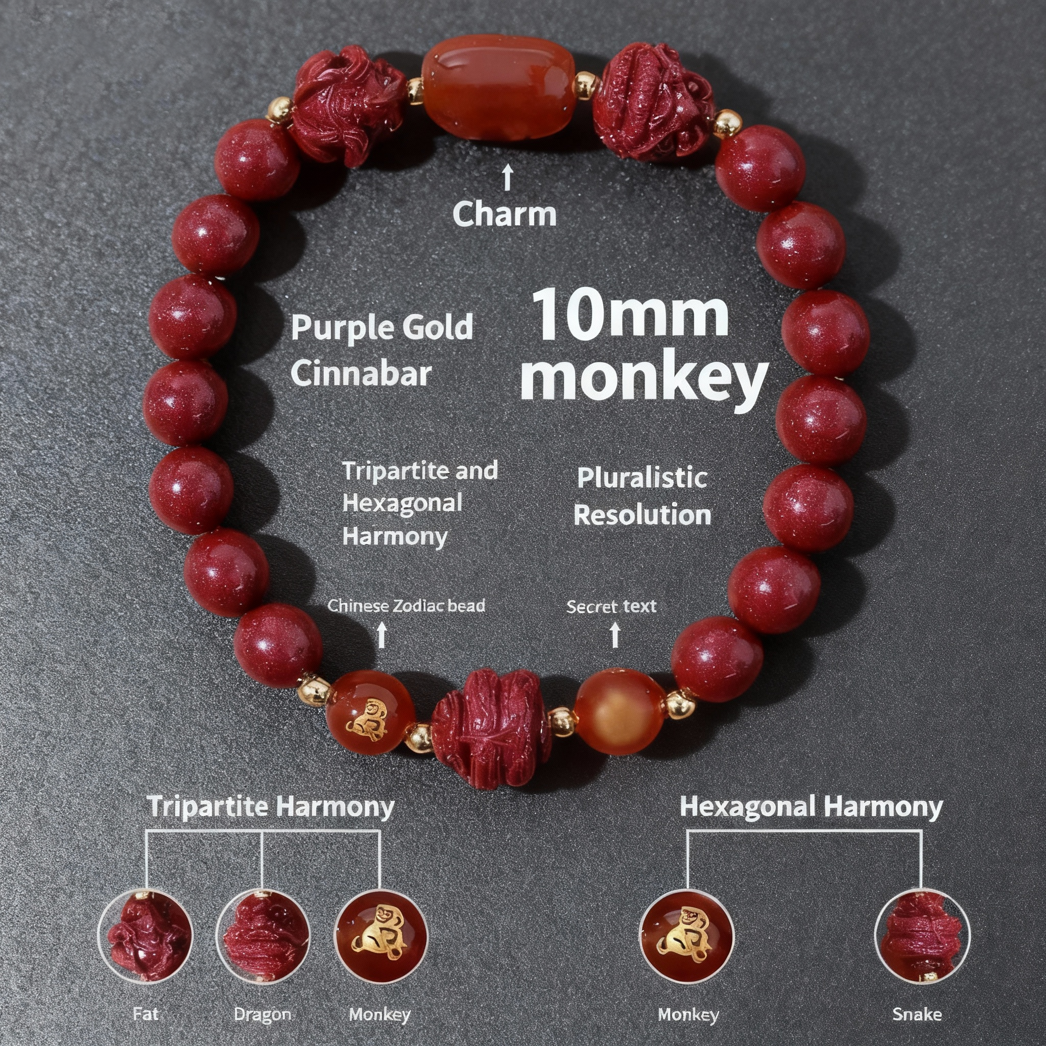 Aether Oracles "Celestial Guardians" Longhu Mountain Cinnabar Talisman Bracelet for male (beads size 10mm wrist size 17cm)