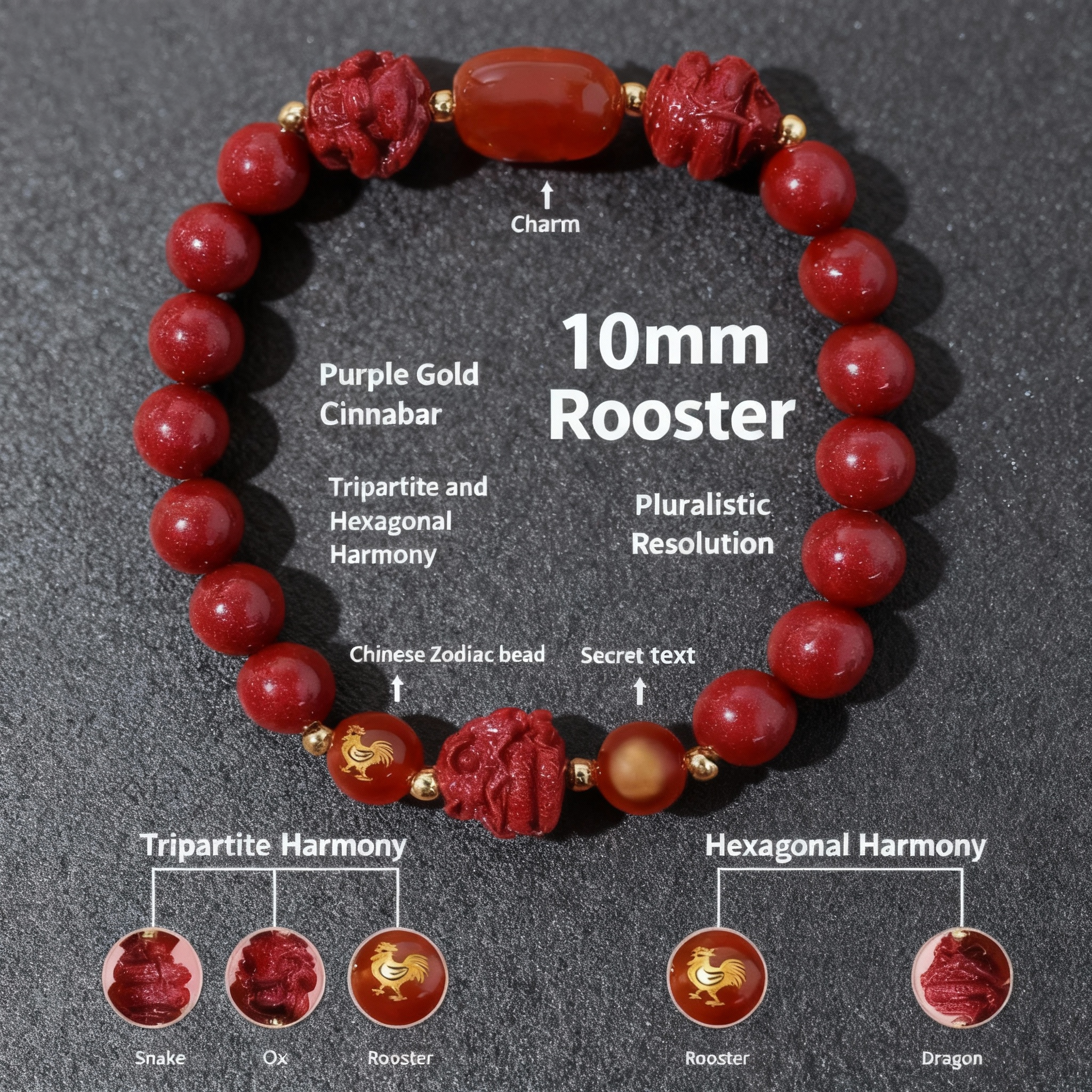 Aether Oracles "Celestial Guardians" Longhu Mountain Cinnabar Talisman Bracelet for male (beads size 10mm wrist size 17cm)