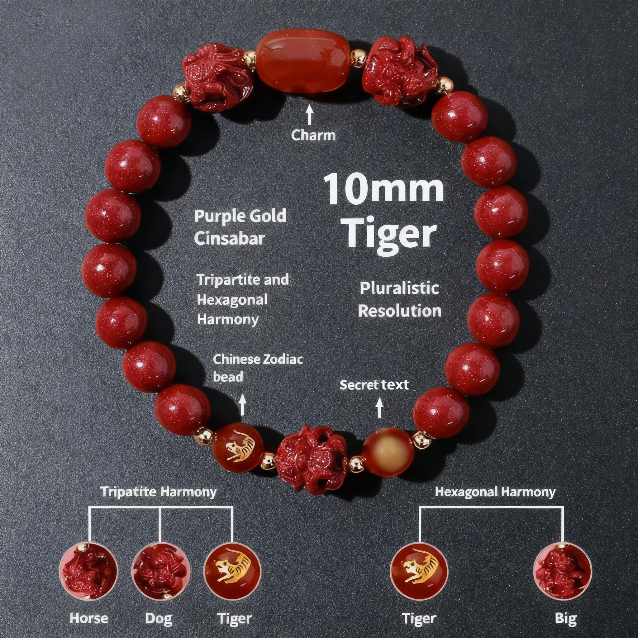Aether Oracles "Celestial Guardians" Longhu Mountain Cinnabar Talisman Bracelet for male (beads size 10mm wrist size 17cm)