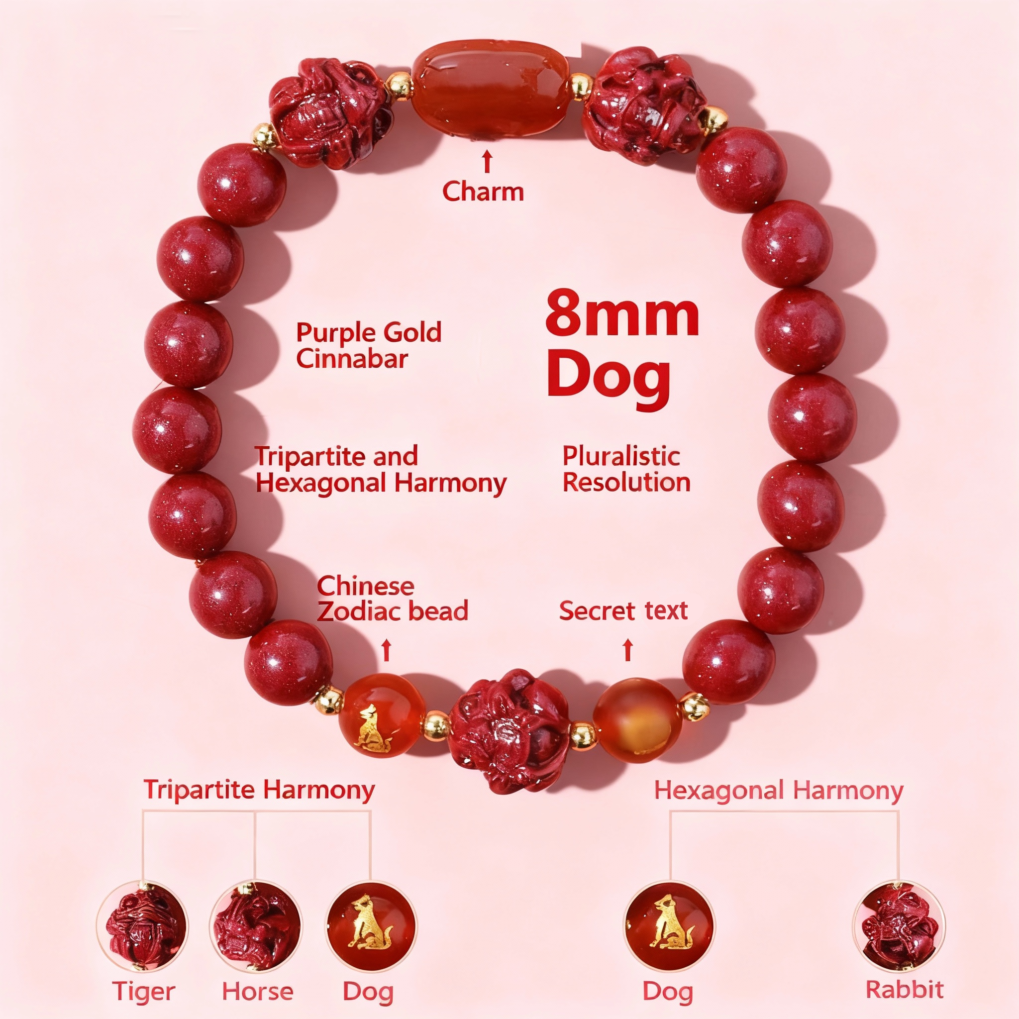 Aether Oracles "Celestial Guardians" Longhu Mountain Cinnabar Talisman Bracelet for female (beads size 8mm wrist size 16cm)