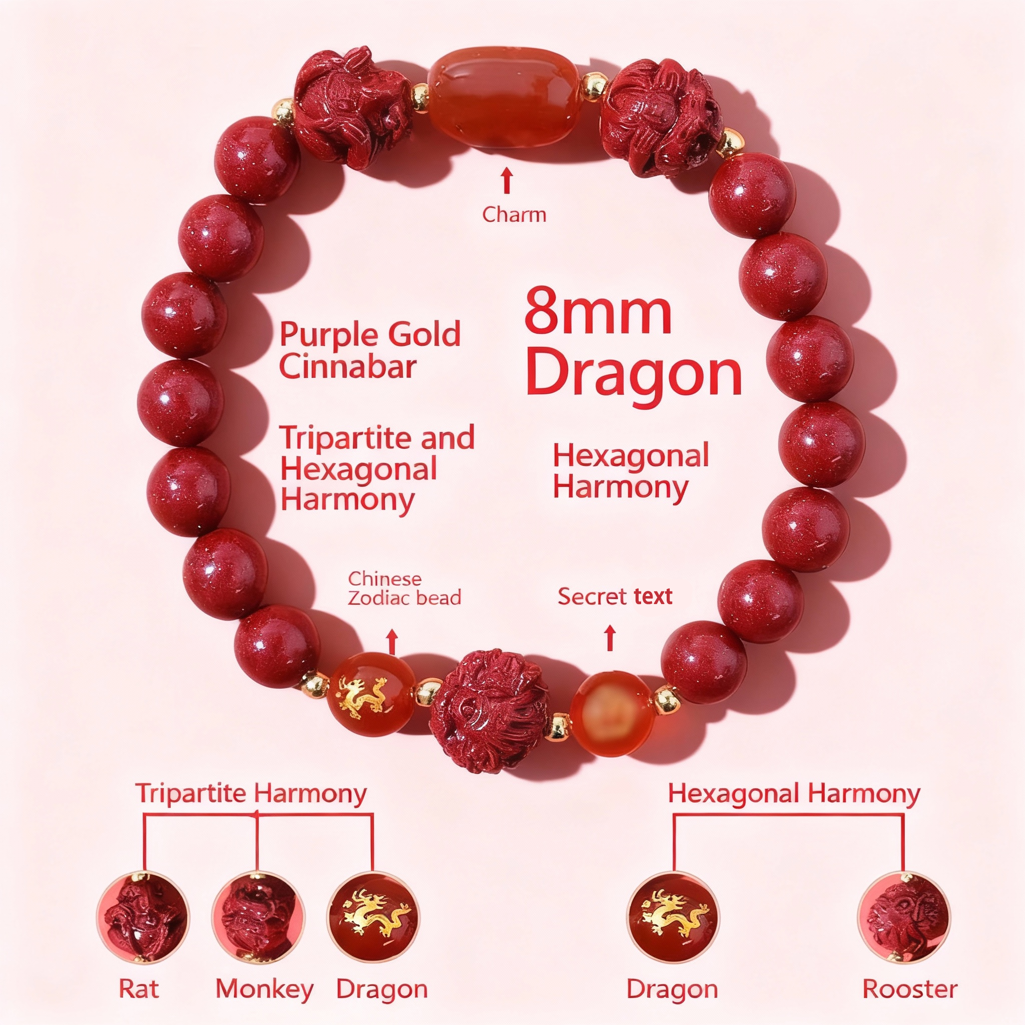 Aether Oracles "Celestial Guardians" Longhu Mountain Cinnabar Talisman Bracelet for female (beads size 8mm wrist size 16cm)