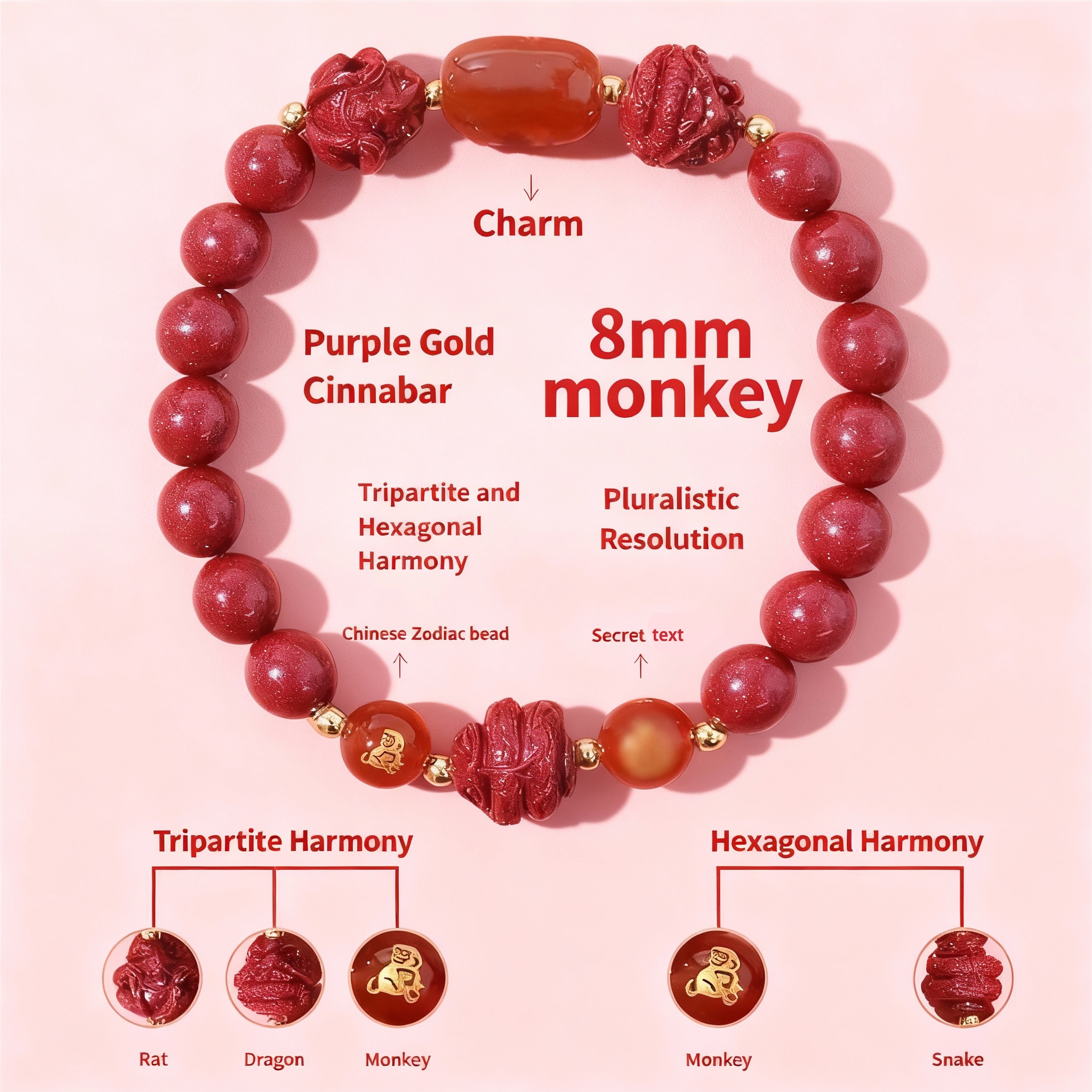 Aether Oracles "Celestial Guardians" Longhu Mountain Cinnabar Talisman Bracelet for female (beads size 8mm wrist size 16cm)