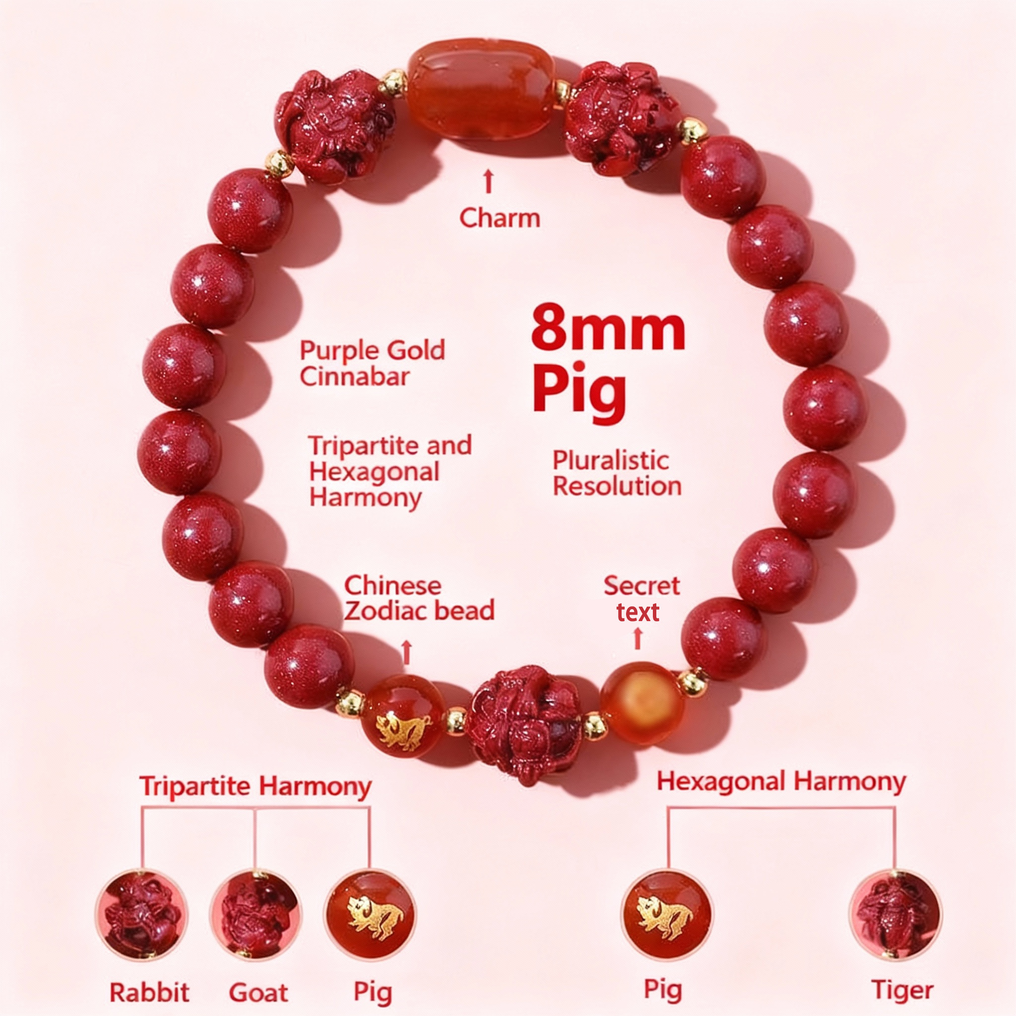 Aether Oracles "Celestial Guardians" Longhu Mountain Cinnabar Talisman Bracelet for female (beads size 8mm wrist size 16cm)