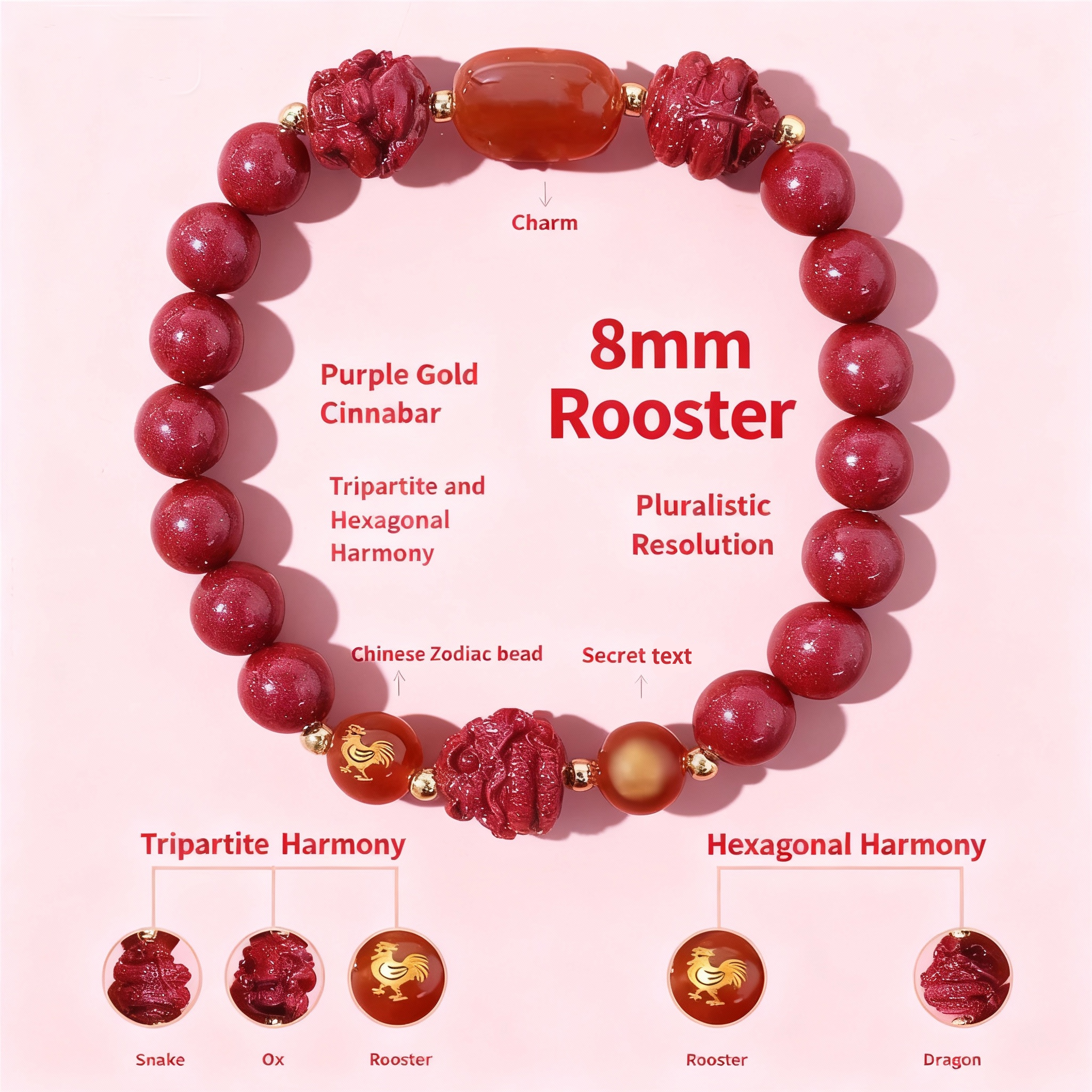 Aether Oracles "Celestial Guardians" Longhu Mountain Cinnabar Talisman Bracelet for female (beads size 8mm wrist size 16cm)