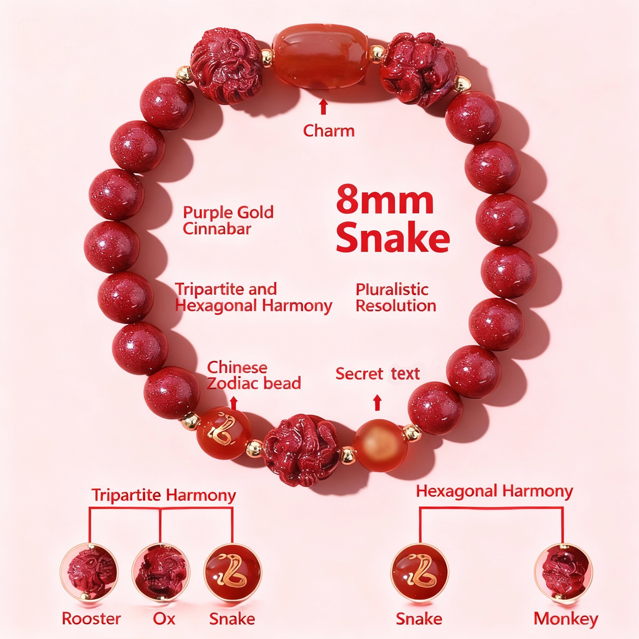 Aether Oracles "Celestial Guardians" Longhu Mountain Cinnabar Talisman Bracelet for female (beads size 8mm wrist size 16cm)
